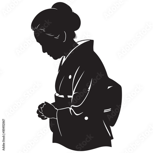 Bowing Woman in Traditional Japanese Kimono Silhouette