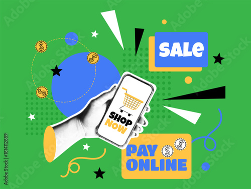 Retro shop concept. Halftone collage. Phone in hand. Dotted newspaper palm. Online market. Social media business idea. Pop art design. Mobile app payment. Modern banner. Vector bright garish poster