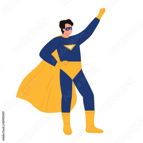 A vibrant and dynamic superhero character is striking a powerful pose, showcasing incredible strength and bravery