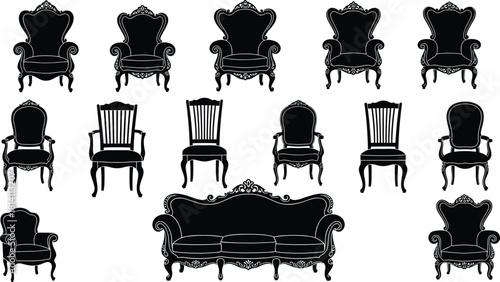 Luxurious antique furniture silhouettes vector illustration collection, showcasing elaborate armchairs, classic dining chairs, and a detailed baroque style sofa, great for upscale design and 