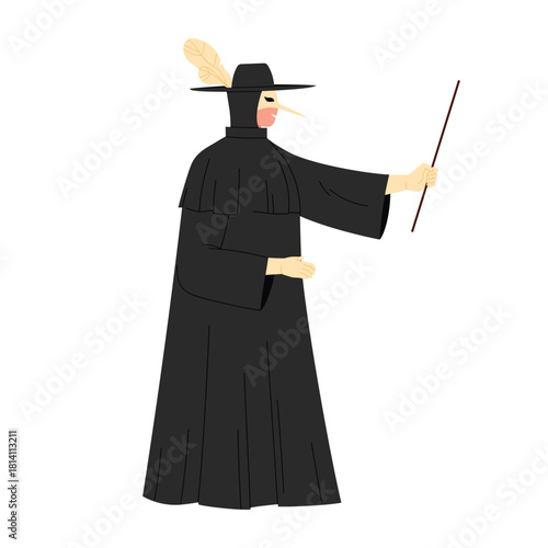 A mysterious figure in a black cloak and widebrimmed hat holds a wand, exuding enchantment and intrigue