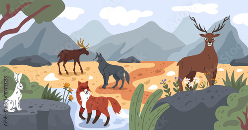 Tundra animals. Arctic landscape. Northern fauna. Polar species wildlife. Winter nature. Reindeer and elk. Snowy background. Mountain scenery. Biology banner. Wolf and fox. Vector tidy illustration