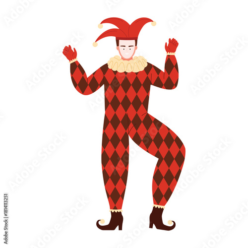 A vibrant jester character joyfully showcases a variety of playful and lively dance moves in a classic harlequin outfit