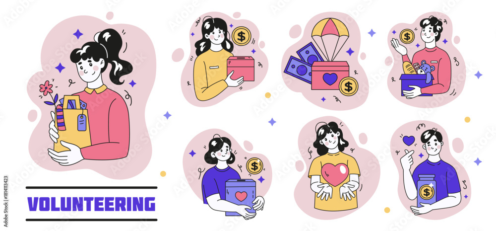 Fototapeta premium Humanitarian aid charity. Volunteers with boxes for money and food donation. People love and care. Volunteering infographic. Philanthropy help icons. Vector social support tidy concepts set activist