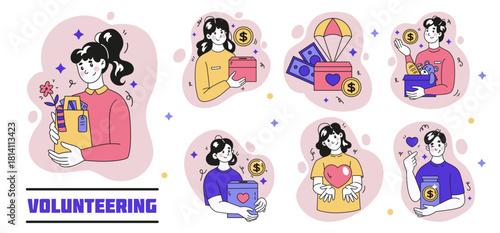 Humanitarian aid charity. Volunteers with boxes for money and food donation. People love and care. Volunteering infographic. Philanthropy help icons. Vector social support tidy concepts set activist