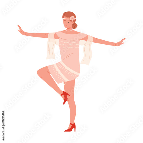 A stylish flapper girl is gracefully dancing in an exquisite vintage outfit, showcasing the utter glamour of the 1920s
