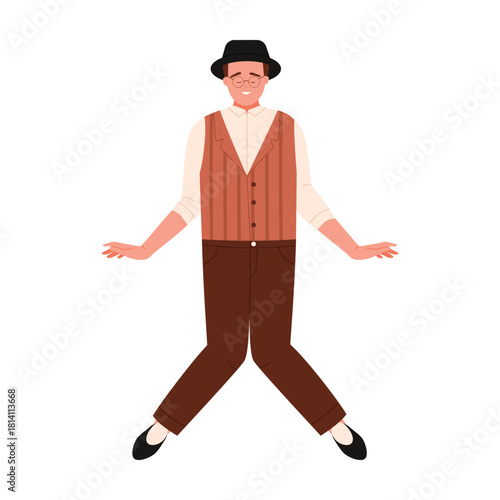A highly stylish vintage dancer is performing eloquently in a classic outfit while wearing a bowler hat gracefully