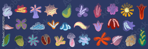 Abstract texture figure. Shape gradient effect. Hand-drawn floral form. Noisy organic object. Decorative scribble. Modern childish doodle. Grainy color surface. Vector minimal graphic flat icons set