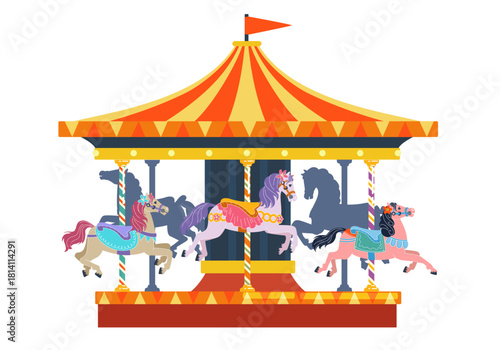 Horse on merry carousel. Round circus tent. Attraction for children. Vintage fair. Cartoon kid isolated element. Fairground entertainment. Summer leisure time for boy and girl. Vector roundabout party