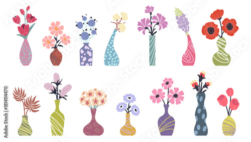 Flower doodle. Natural arrangement in vase. Botanical design, vintage hand drawn element. Abstract floral decoration. Cute rose and tulips, retro colorful pottery. Vector flat style isolated texture