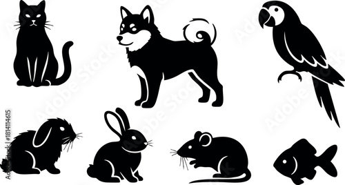 Silhouettes of common pets with cat dog rabbit mouse fish parrot and bunny in black vector illustration