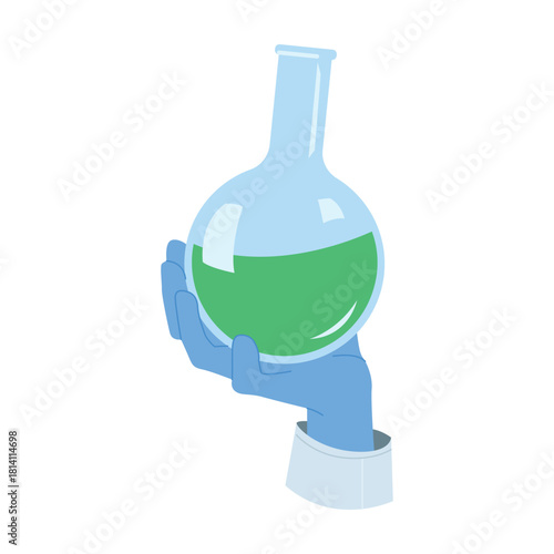 A hand holding a laboratory flask filled with a green liquid, representing science and experimentation.