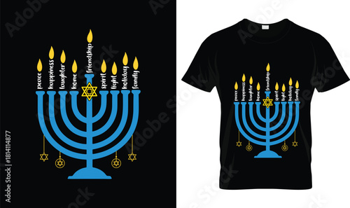 Peace Happiness Family Menorah Hanukkah T-Shirt – Inspirational Jewish Holiday Blessings Tee