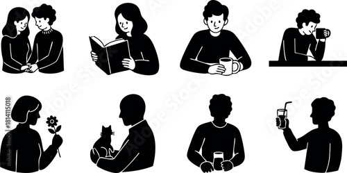 People drinking coffee reading book socializing with pets black silhouette vector illustration