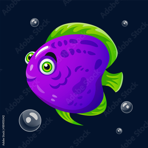 Cute fish. Colorful underwater character, sea animal, ocean and aquarium coral reef fauna. Funny decorative tropical goldfish, seawater wildlife inhabitant. Vector cartoon flat isolated illustration