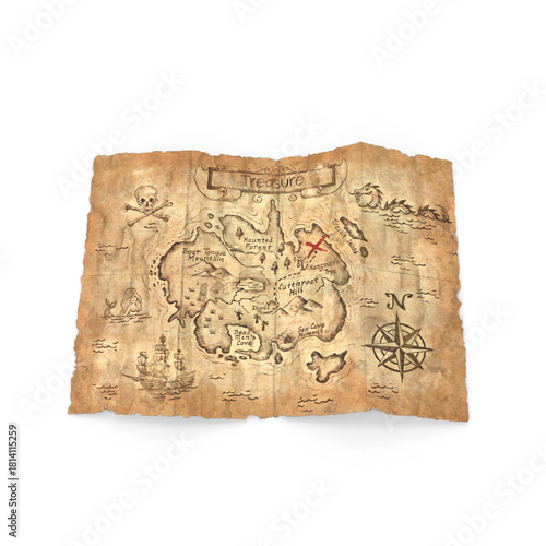 Vintage treasure map with brown parchment texture on transparent background