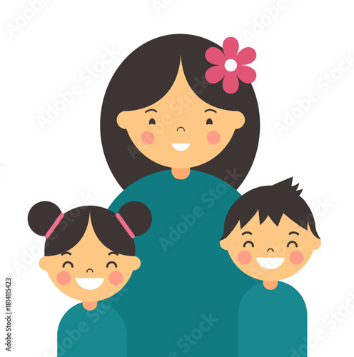 Mothers day. Happy family holiday. Smiling people. Cute mother standing with daughter and son. Cheerful Asian mom and children. Parents love kids. Chinese girl and boy. Vector portrait illustration