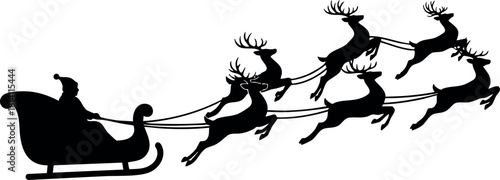 Santa Claus silhouette with six reindeer flying in sleigh vector illustration Christmas winter holiday design