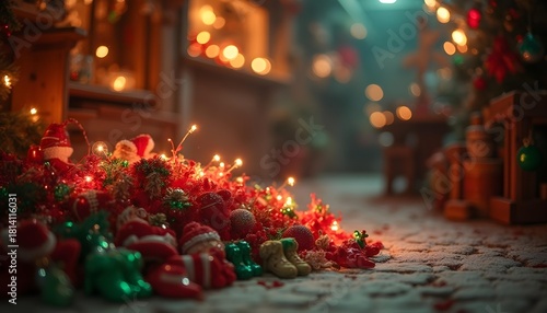 A child's eye view inside Santa's workshop, soft-focus on a pile of brightly colored toys, magical shimmering lights, a vibrant red and green palette, evoking a dreamy, enchanting atmosphere, perfect 
