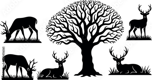 Silhouettes of deer grazing resting and standing around tree nature wildlife vector illustration