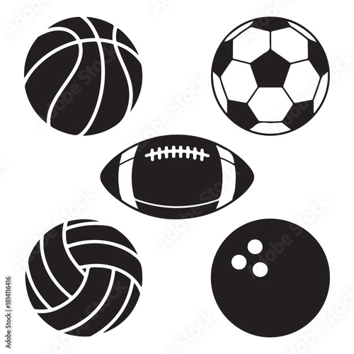 various sports ball icons, vector set of basketball, soccer, football, volleyball, baseball, bowling balls vector silhouette