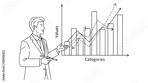 Outline Illustration of Businessman Presenting Data Chart with Trend Lines