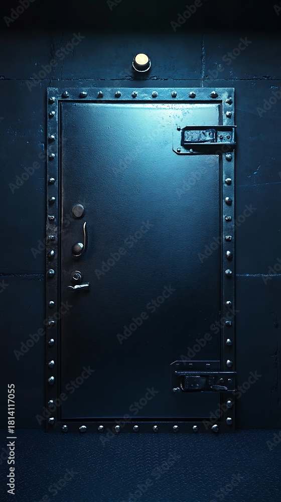 Obraz premium A heavy dark metal hatch with visible rivets and a locking mechanism illuminated by a single light
