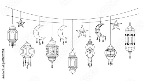 Hand Drawn Islamic Festival Lanterns Moons Stars Garland Design