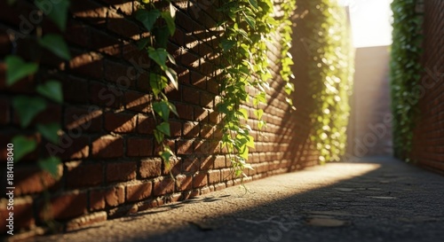 Sunlit Brick Alleyway A Pathway of Shadows and Vines with Warm Textures and Detailed Architecture