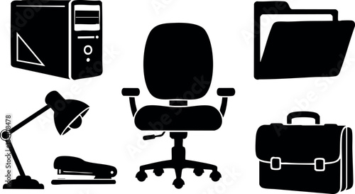 Office equipment set with desktop computer chair folder briefcase lamp stapler vector illustration
