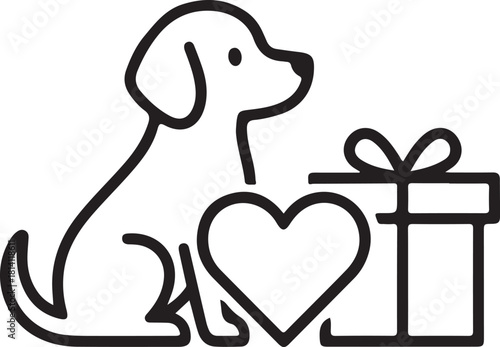 Cute dog with heart and gift box icon, symbolizing pet love, animal adoption, or special occasion presents and friendship