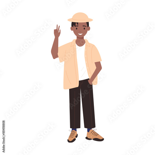 A fashionable young man wearing a stylish hat and making a peace sign, radiating a wonderfully positive vibe