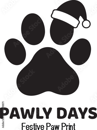 Festive Paw Print Logo for 'Pawly Days' A Cute Holiday Pet Celebration with Santa Hat and Four-Legged Fun Concept.
