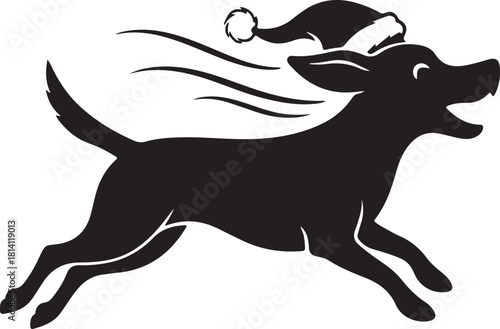 Happy black dog or puppy running with a festive Santa hat, a joyful and speedy silhouette embodying holiday spirit and fun, perfect for Christmas or winter themes