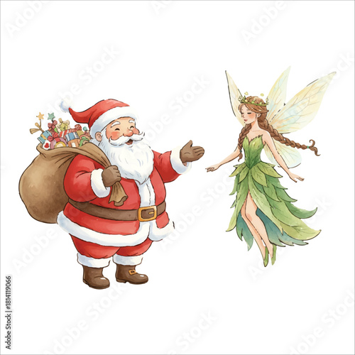 Santa Claus meeting the fairy queen in an enchanting Christmas fantasy, watercolor illustration isolated on white background
