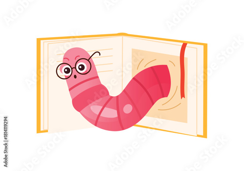 A whimsical illustration of a cartoon worm with glasses popping out of a book, celebrating the joy of reading