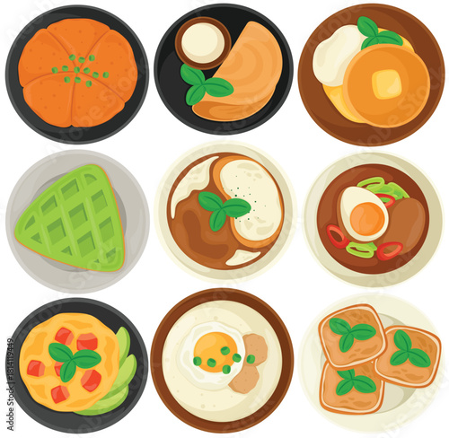 Vector Breakfast Top View Clip Art Set Food Bun Omelet Pancakes Waffle Soup Ramen Noodle Congee Porridge Toast Scrambled Egg Illustration Cafe Menu Meal Flatlay Isolated on White Background