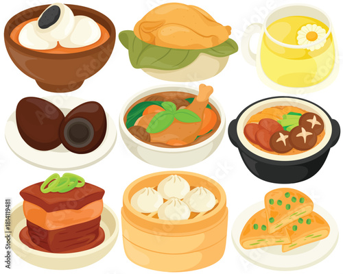 Vector Chinese Food Clip Art Set Cuisine Tangyuan Chicken Bun Tea Century Egg Braised Chicken Mushroom Stew Dongpo Pork Belly Xiaolongbao Dumpling Scallion Pancake Illustration Restaurant Menu