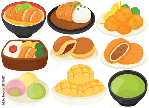 Vector Japanese Food Clip Art Set Katsudon Curry Rice Karaage Bento Box Dorayaki Croquette Dango Melon Pan Matcha Tea Illustration Restaurant Menu Asian Cuisine Meal