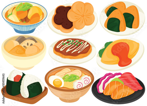 Vector Japanese Food Clip Art Set Nikujaga Monaka Inari Sushi Oden Okonomiyaki Omurice Onigiri Ramen Sashimi Illustration Restaurant Menu Asian Cuisine Meal Dish