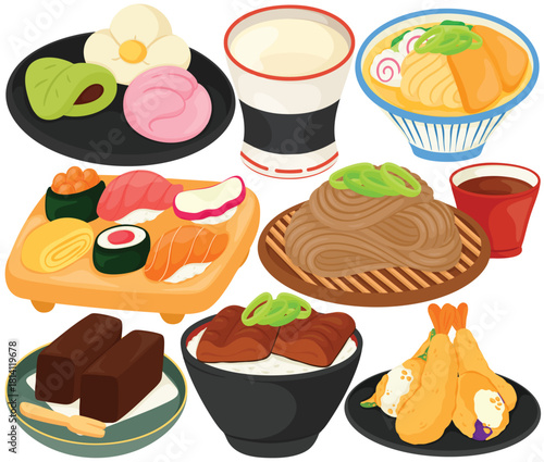 Vector Japanese Food Clip Art Set Wagashi Mochi Udon Sushi Soba Noodle Yokan Unadon Eel Bowl Tempura Shrimp Illustration Restaurant Menu Asian Cuisine Meal Dish