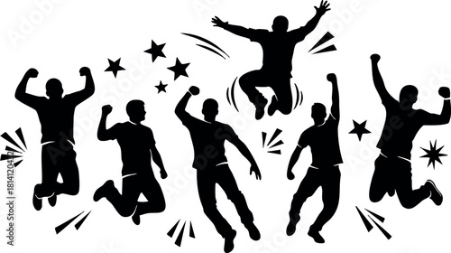 Group of people jumping silhouettes happy celebration energy excitement dynamic movement black vector illustration