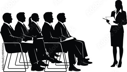 Business meeting silhouette vector with presenter and audience seated, ideal for corporate training, seminar, teamwork, and communication themes