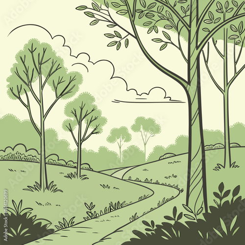 A winding path leads through a gentle green landscape with tall trees