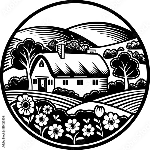 Black and white woodcut style illustration of a cottage in rolling hills
