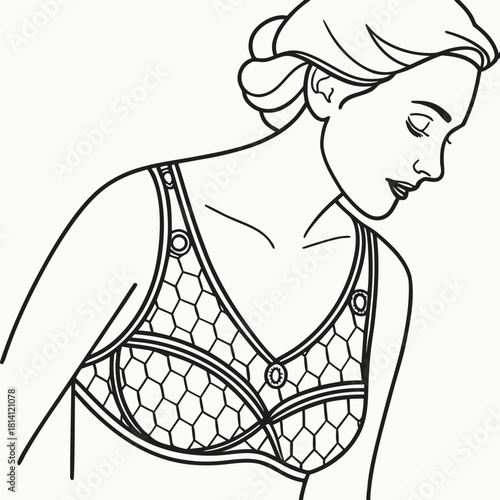 Line art illustration of a woman wearing a detailed honeycomb pattern bra