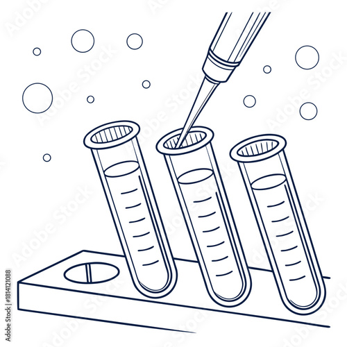 Line art illustration of a pipette dispensing liquid into test tubes