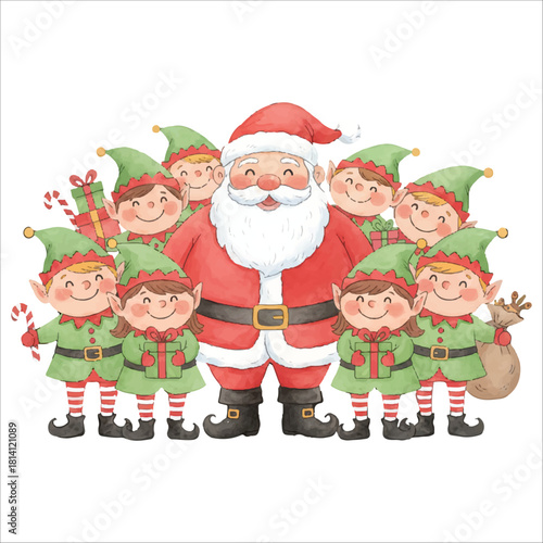 Santa Claus surrounded by cheerful elf friends in a festive Christmas moment, watercolor illustration isolated on white background
