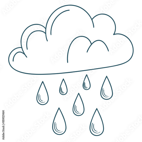 Simple line art drawing of a rain cloud with raindrops falling down isolated on