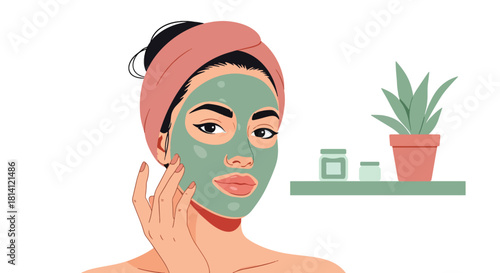 Vector woman applying facial mask with headband and bathroom elements. Ideal for spa ads, skincare posts, beauty infographics, wellness packaging, and routine visuals